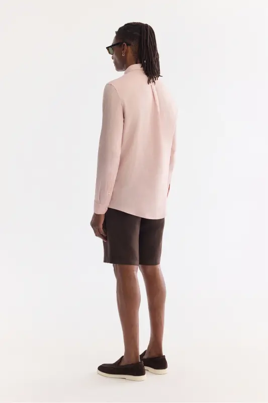 Erkek Koyu Pembe Düğmeli Yaka %100 Keten Comfort Fit Gömlek B002191 - Koyu Pembe - 9