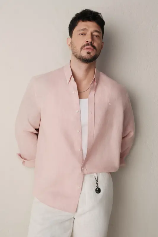 Erkek Koyu Pembe Düğmeli Yaka %100 Keten Comfort Fit Gömlek B002191 - Koyu Pembe - AVVA