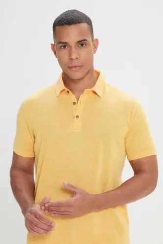 Erkek Koyu Sarı Slim Fit Dar Kesim Polo Yaka Düz Casual Tişört-KOYU SARI - 3