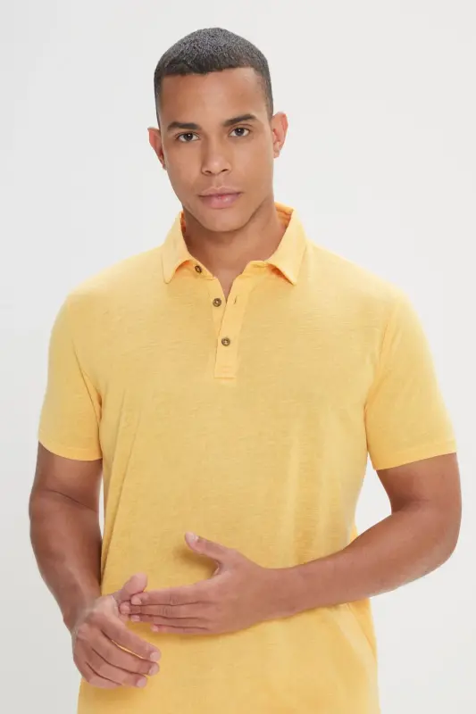 Erkek Koyu Sarı Slim Fit Dar Kesim Polo Yaka Düz Casual Tişört-KOYU SARI - 3