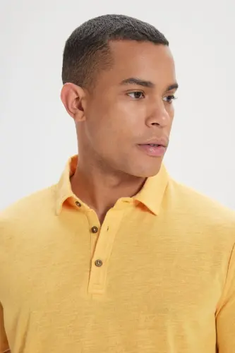 Erkek Koyu Sarı Slim Fit Dar Kesim Polo Yaka Düz Casual Tişört-KOYU SARI - 4