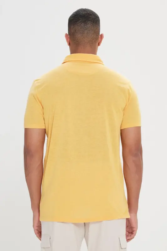 Erkek Koyu Sarı Slim Fit Dar Kesim Polo Yaka Düz Casual Tişört-KOYU SARI - 5