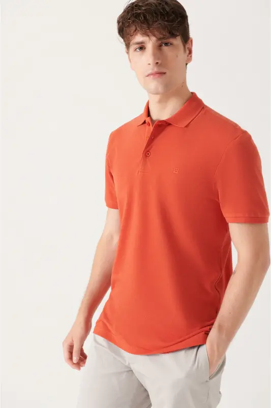 Erkek Koyu Turuncu Basic Pamuklu Polo Yaka T-shirt E001004-Koyu Turuncu - 5