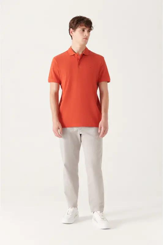 Erkek Koyu Turuncu Basic Pamuklu Polo Yaka T-shirt E001004 - Koyu Turuncu - 6