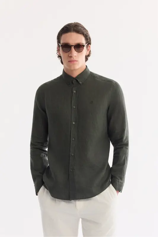 Erkek Koyu Yeşil Düğmeli Yaka %100 Keten Comfort Fit Uzun Kol Gömlek B002191-Koyu Yeşil - 1