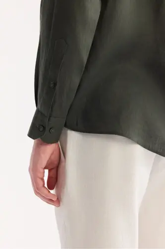 Erkek Koyu Yeşil Düğmeli Yaka %100 Keten Comfort Fit Uzun Kol Gömlek B002191-Koyu Yeşil - 3