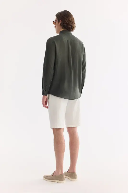 Erkek Koyu Yeşil Düğmeli Yaka %100 Keten Comfort Fit Uzun Kol Gömlek B002191-Koyu Yeşil - 5