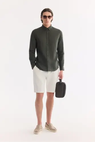 Erkek Koyu Yeşil Düğmeli Yaka %100 Keten Comfort Fit Uzun Kol Gömlek B002191-Koyu Yeşil - 7