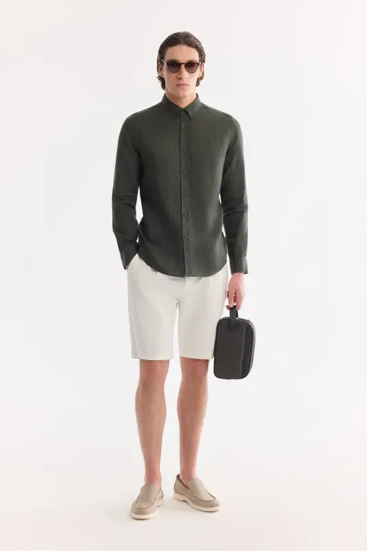 Erkek Koyu Yeşil Düğmeli Yaka %100 Keten Comfort Fit Uzun Kol Gömlek B002191-Koyu Yeşil - 7