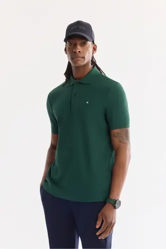 Erkek Koyu Yeşil Kıvrılmaz Polo Yaka %100 Pamuk Basic T-Shirt B001032 - Koyu Yeşil 