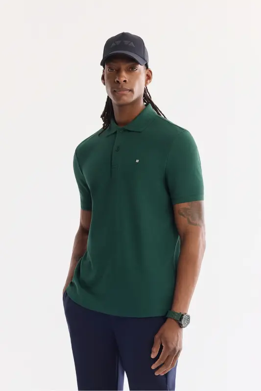 Erkek Koyu Yeşil Kıvrılmaz Polo Yaka %100 Pamuk Basic T-Shirt B001032 - Koyu Yeşil - 1