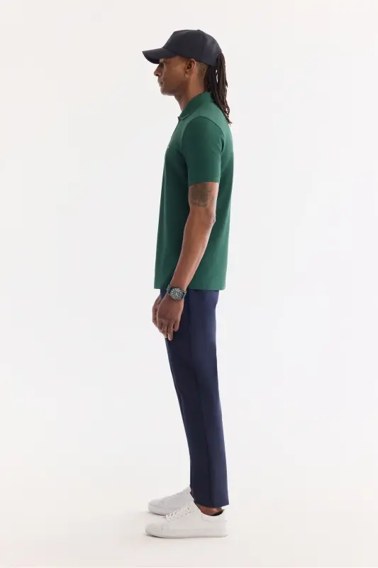 Erkek Koyu Yeşil Kıvrılmaz Polo Yaka %100 Pamuk Basic T-Shirt B001032 - Koyu Yeşil - 3