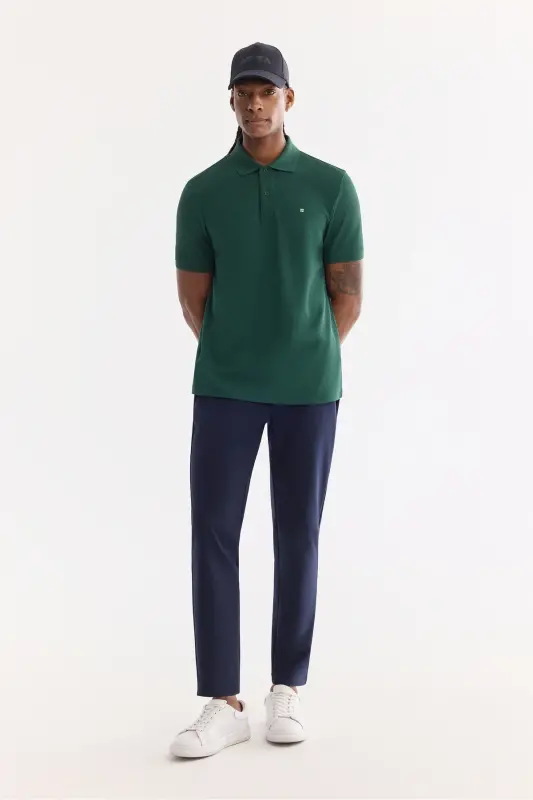 Erkek Koyu Yeşil Kıvrılmaz Polo Yaka %100 Pamuk Basic T-Shirt B001032 - Koyu Yeşil - 5