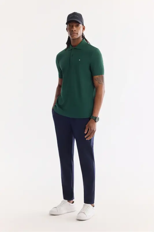 Erkek Koyu Yeşil Kıvrılmaz Polo Yaka %100 Pamuk Basic T-Shirt B001032 - Koyu Yeşil - 6