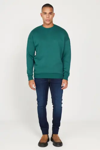 Erkek Koyu Yeşil Oversize Fit Bol Kesim Pamuklu Içi Polarlı 3 Iplik Bisiklet Yaka Sweatshirt-Koyu Yeşil - 2