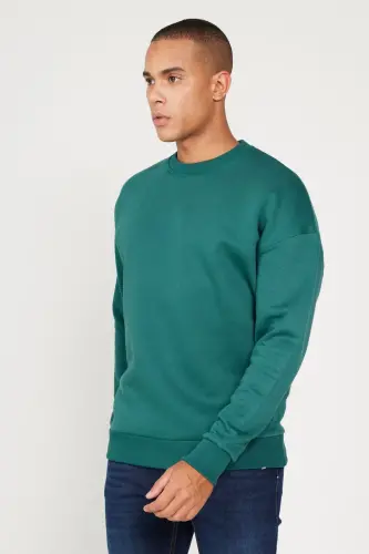 Erkek Koyu Yeşil Oversize Fit Bol Kesim Pamuklu Içi Polarlı 3 Iplik Bisiklet Yaka Sweatshirt-Koyu Yeşil - 3