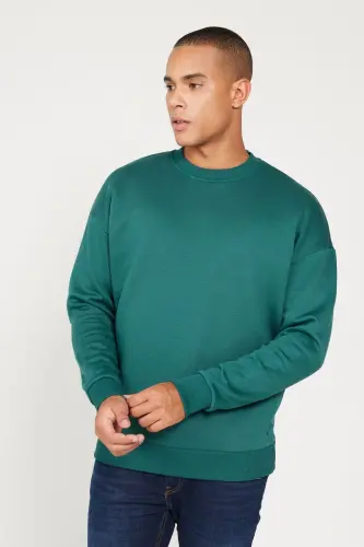 Erkek Koyu Yeşil Oversize Fit Bol Kesim Pamuklu Içi Polarlı 3 Iplik Bisiklet Yaka Sweatshirt - Koyu Yeşil 