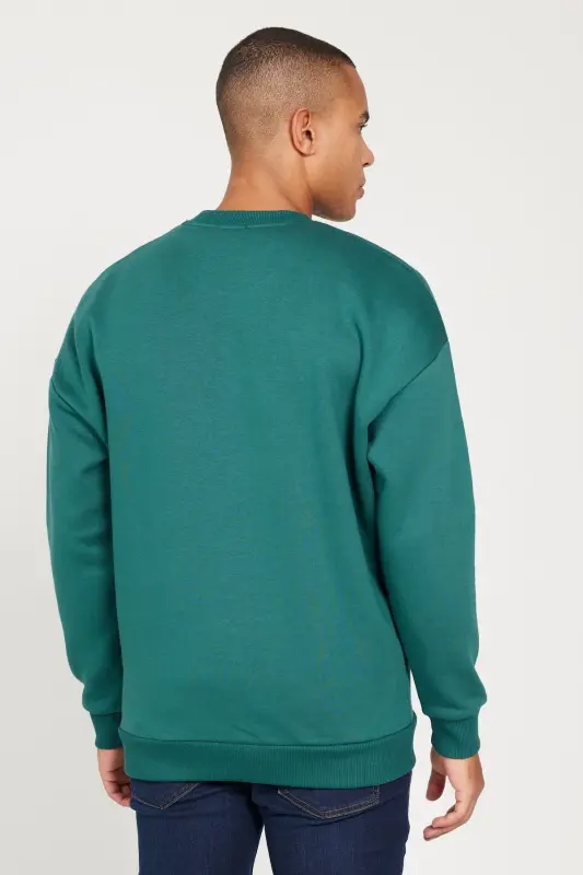 Erkek Koyu Yeşil Oversize Fit Bol Kesim Pamuklu Içi Polarlı 3 Iplik Bisiklet Yaka Sweatshirt - Koyu Yeşil - 4
