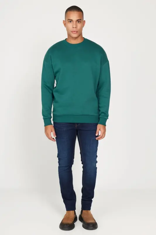 Erkek Koyu Yeşil Oversize Fit Bol Kesim Pamuklu Içi Polarlı 3 Iplik Bisiklet Yaka Sweatshirt-Koyu Yeşil - 2