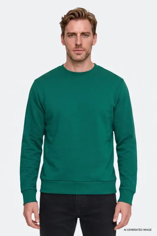 Erkek Koyu Yeşil Pamuklu Standart Fit Normal Kesim 2 İplik Bisiklet Yaka Sweatshirt - Koyu Yeşil - AC&Co / Altınyıldız Classics