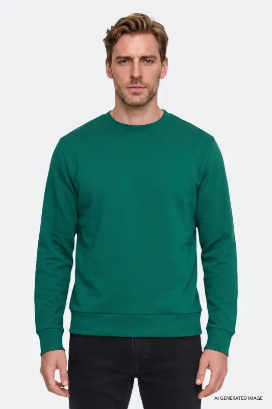 Erkek Koyu Yeşil Pamuklu Standart Fit Normal Kesim 2 İplik Bisiklet Yaka Sweatshirt - Koyu Yeşil - 1