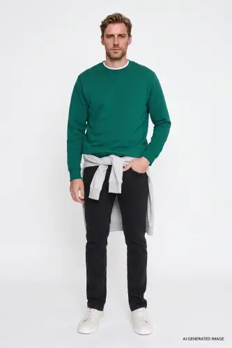 Erkek Koyu Yeşil Pamuklu Standart Fit Normal Kesim 2 İplik Bisiklet Yaka Sweatshirt - Koyu Yeşil - AC&Co / Altınyıldız Classics (1)