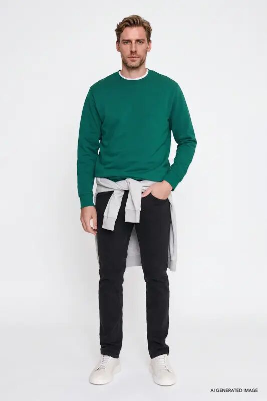 Erkek Koyu Yeşil Pamuklu Standart Fit Normal Kesim 2 İplik Bisiklet Yaka Sweatshirt - Koyu Yeşil - 2