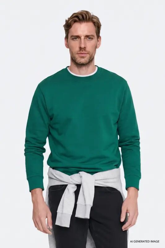 Erkek Koyu Yeşil Pamuklu Standart Fit Normal Kesim 2 İplik Bisiklet Yaka Sweatshirt - Koyu Yeşil - 3