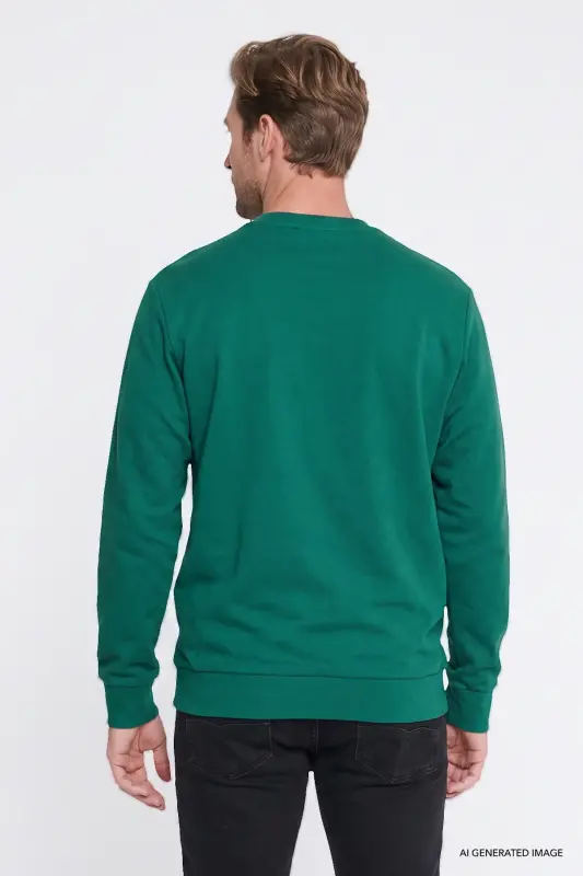 Erkek Koyu Yeşil Pamuklu Standart Fit Normal Kesim 2 İplik Bisiklet Yaka Sweatshirt - Koyu Yeşil - 4