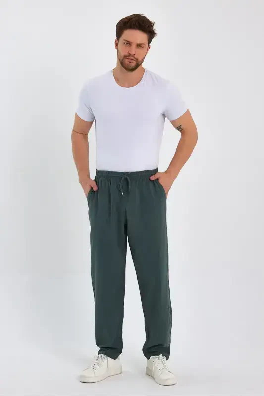 Erkek Koyu Yeşil Renk Basic Relaxed Fit Jogger Pantolon-KOYU YEŞİL - 5