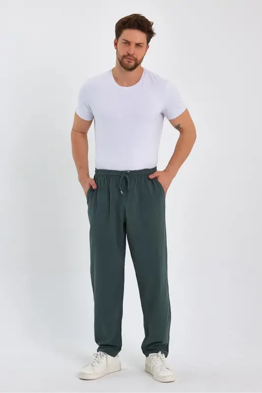 Erkek Koyu Yeşil Renk Basic Relaxed Fit Jogger Pantolon-KOYU YEŞİL - 5