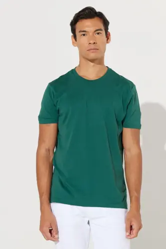 Erkek Koyu Yeşil Slim Fit Dar Kesim %100 Pamuk Bisiklet Yaka Basic Tişört - Koyu Yeşil - 1