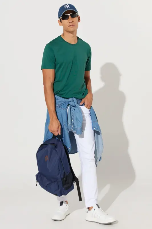 Erkek Koyu Yeşil Slim Fit Dar Kesim %100 Pamuk Bisiklet Yaka Basic Tişört - Koyu Yeşil - 4