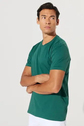 Erkek Koyu Yeşil Slim Fit Dar Kesim %100 Pamuk Bisiklet Yaka Basic Tişört - Koyu Yeşil - 5