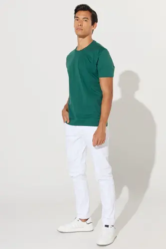 Erkek Koyu Yeşil Slim Fit Dar Kesim %100 Pamuk Bisiklet Yaka Basic Tişört - Koyu Yeşil - 6