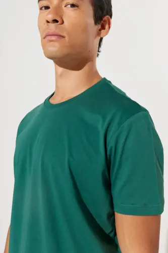 Erkek Koyu Yeşil Slim Fit Dar Kesim %100 Pamuk Bisiklet Yaka Basic Tişört - Koyu Yeşil - 8