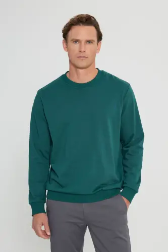 Erkek Koyu Yeşil Standart Fit Normal Kesim Bisiklet Yaka 3 Iplik Pamuklu Sweatshirt - Koyu Yeşil 