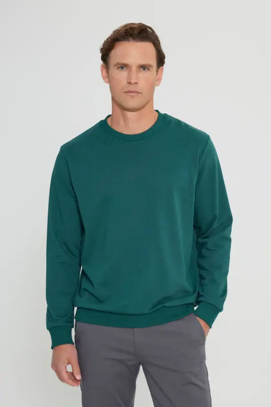 Erkek Koyu Yeşil Standart Fit Normal Kesim Bisiklet Yaka 3 Iplik Pamuklu Sweatshirt - Koyu Yeşil - 1