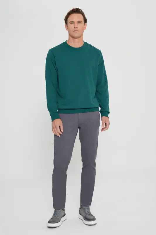 Erkek Koyu Yeşil Standart Fit Normal Kesim Bisiklet Yaka 3 Iplik Pamuklu Sweatshirt - Koyu Yeşil - 3