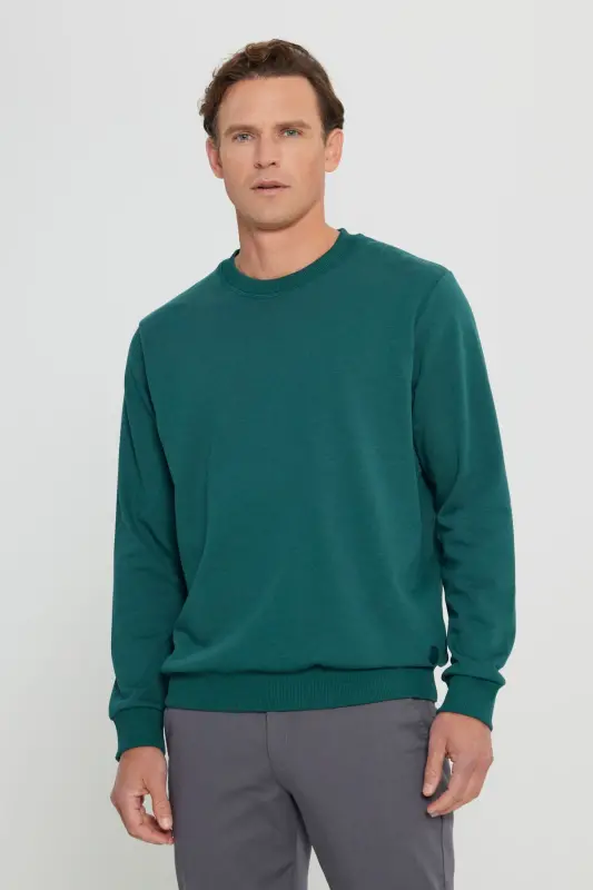 Erkek Koyu Yeşil Standart Fit Normal Kesim Bisiklet Yaka 3 Iplik Pamuklu Sweatshirt - Koyu Yeşil - 4