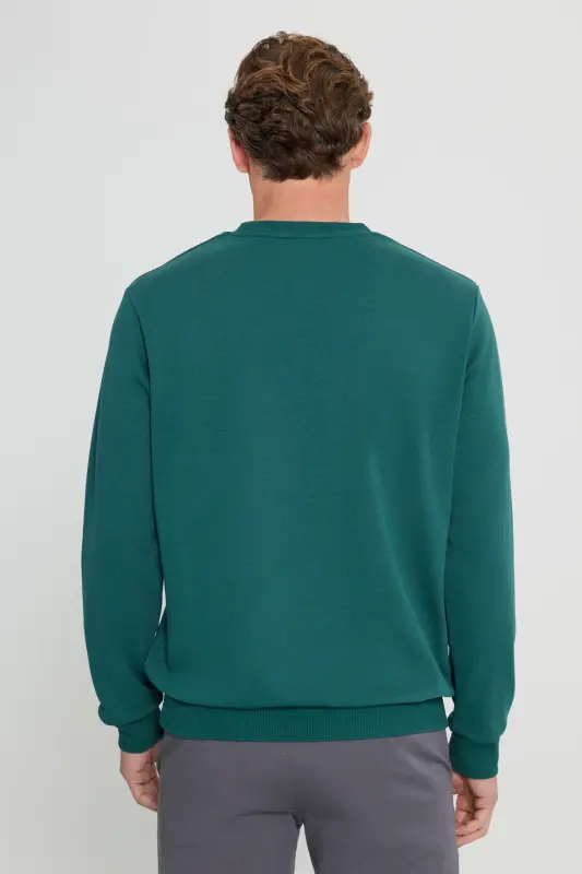 Erkek Koyu Yeşil Standart Fit Normal Kesim Bisiklet Yaka 3 Iplik Pamuklu Sweatshirt - Koyu Yeşil - 6