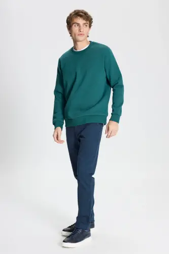 Erkek Koyu Yeşil Standart Fit Normal Kesim Içi Polarlı 3 Iplik Bisiklet Yaka Pamuklu Sweatshirt - Koyu Yeşil - 3