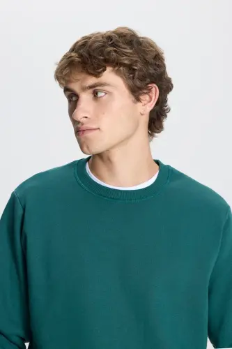 Erkek Koyu Yeşil Standart Fit Normal Kesim Içi Polarlı 3 Iplik Bisiklet Yaka Pamuklu Sweatshirt - Koyu Yeşil - 5