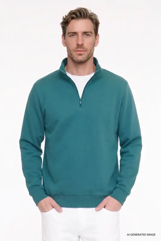 Erkek Koyu Yeşil Standart Fit Normal Kesim İçi Polarlı Bato Yaka Pamuklu Sweatshirt - Koyu Yeşil - AC&Co / Altınyıldız Classics