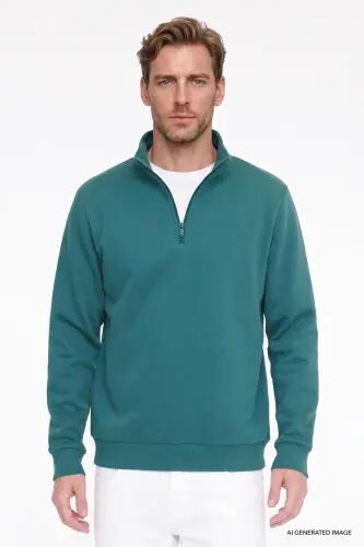 Erkek Koyu Yeşil Standart Fit Normal Kesim İçi Polarlı Bato Yaka Pamuklu Sweatshirt - Koyu Yeşil - AC&Co / Altınyıldız Classics (1)