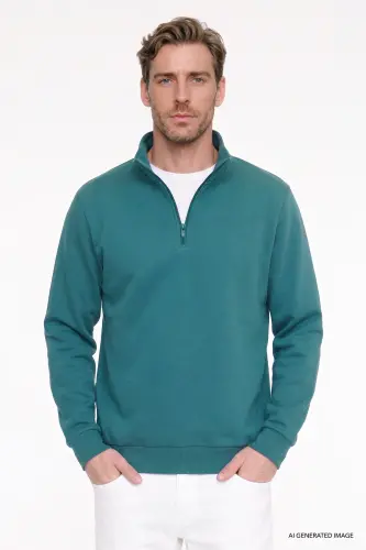Erkek Koyu Yeşil Standart Fit Normal Kesim İçi Polarlı Bato Yaka Pamuklu Sweatshirt - Koyu Yeşil - 1