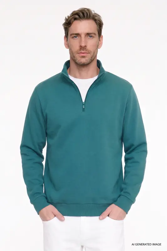 Erkek Koyu Yeşil Standart Fit Normal Kesim İçi Polarlı Bato Yaka Pamuklu Sweatshirt - Koyu Yeşil - 1