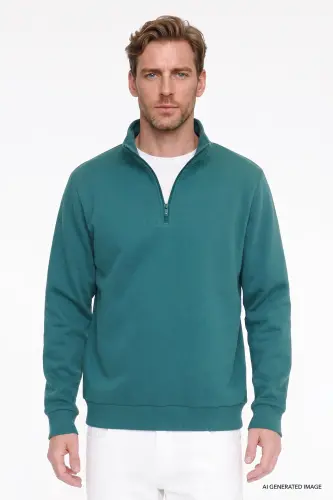 Erkek Koyu Yeşil Standart Fit Normal Kesim İçi Polarlı Bato Yaka Pamuklu Sweatshirt - Koyu Yeşil - AC&Co / Altınyıldız Classics (1)