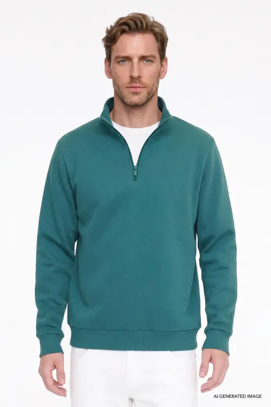 Erkek Koyu Yeşil Standart Fit Normal Kesim İçi Polarlı Bato Yaka Pamuklu Sweatshirt - Koyu Yeşil - 2