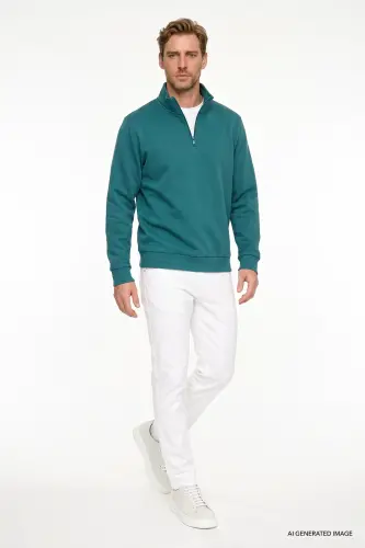Erkek Koyu Yeşil Standart Fit Normal Kesim İçi Polarlı Bato Yaka Pamuklu Sweatshirt - Koyu Yeşil - 3